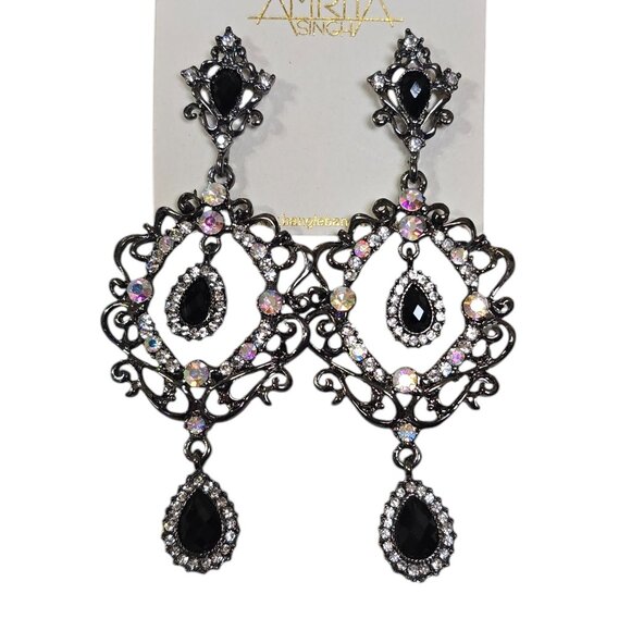 Amrita Singh Chandelier Gunmetal Plated Crystal Earrings NWT - Picture 2 of 4